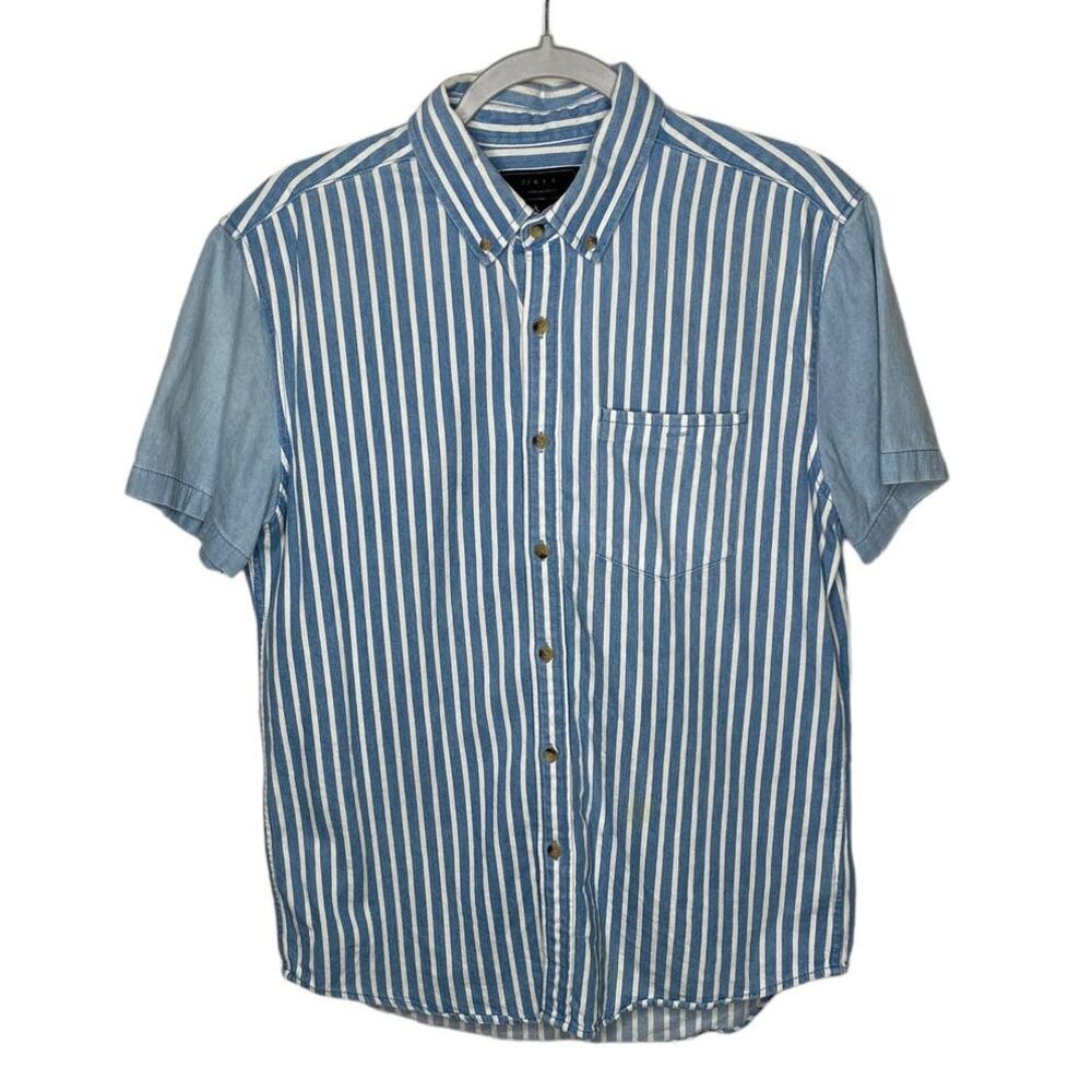 21 Men An American Brand Denim Striped Short Sleeve Button Down Men's Size Med.